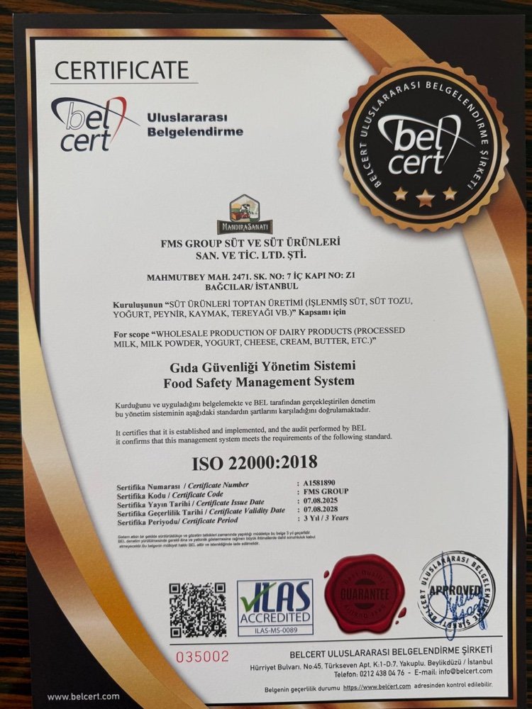 ISO 22000:2018 Gıda Güvenliği Yönetim Sistemi sertifikası